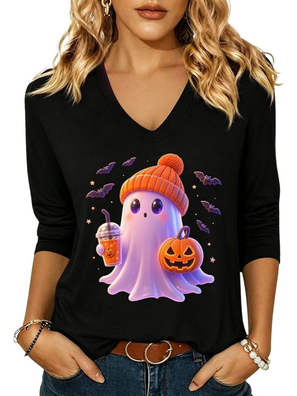 Women's Black V Neck 3/4 Sleeve Ghost Pumpkin Halloween Cute Tee Shirts Tops